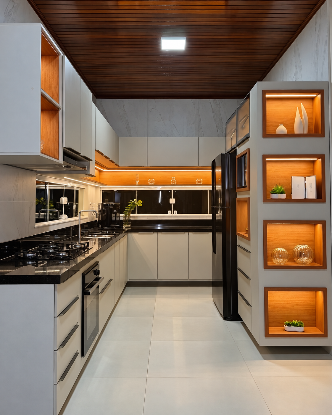Cozinha planejada clara com nichos amadeirados e iluminação quente
